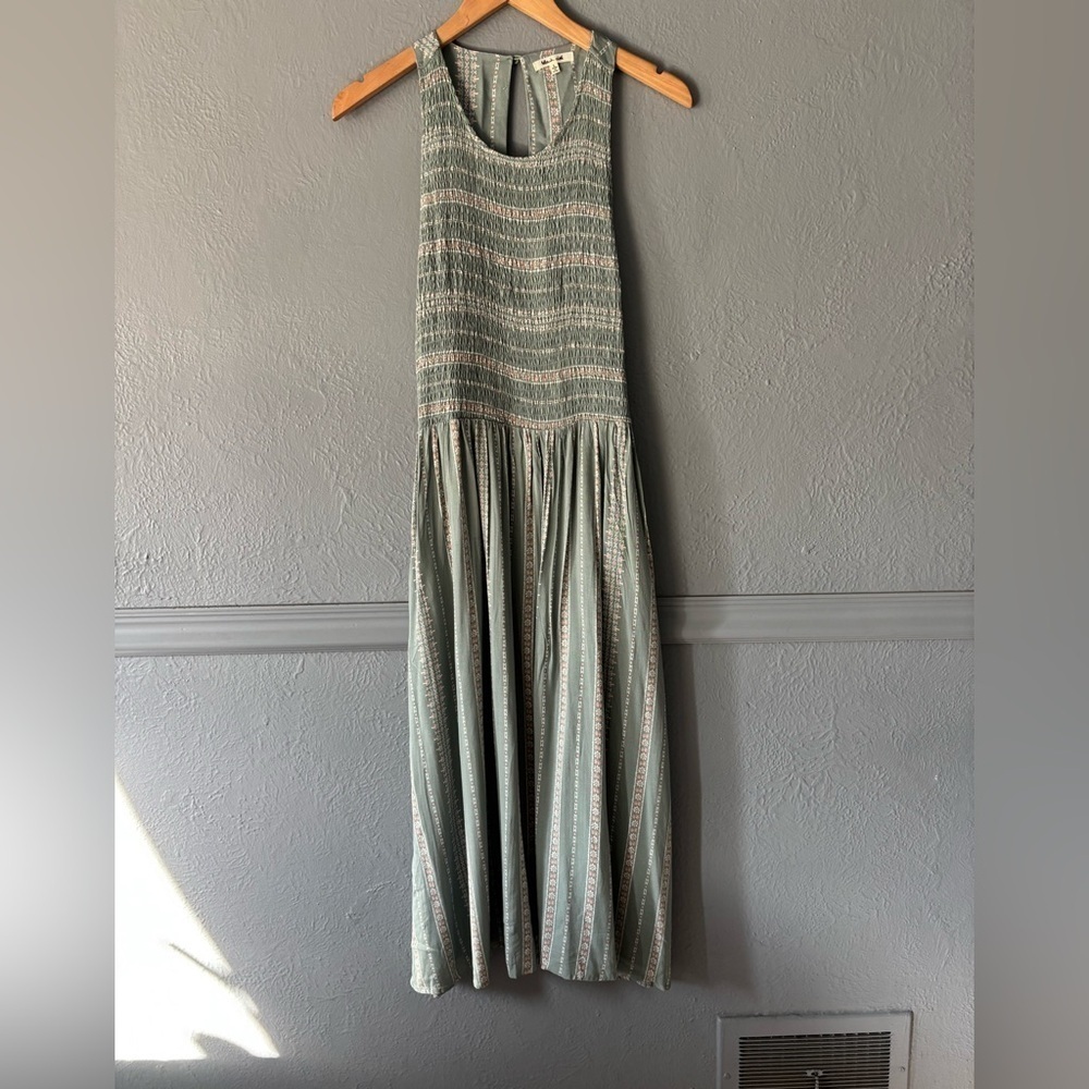 Bleuh Ciel Smocked Floral Midi Dress Sage Racerback Boho Size L